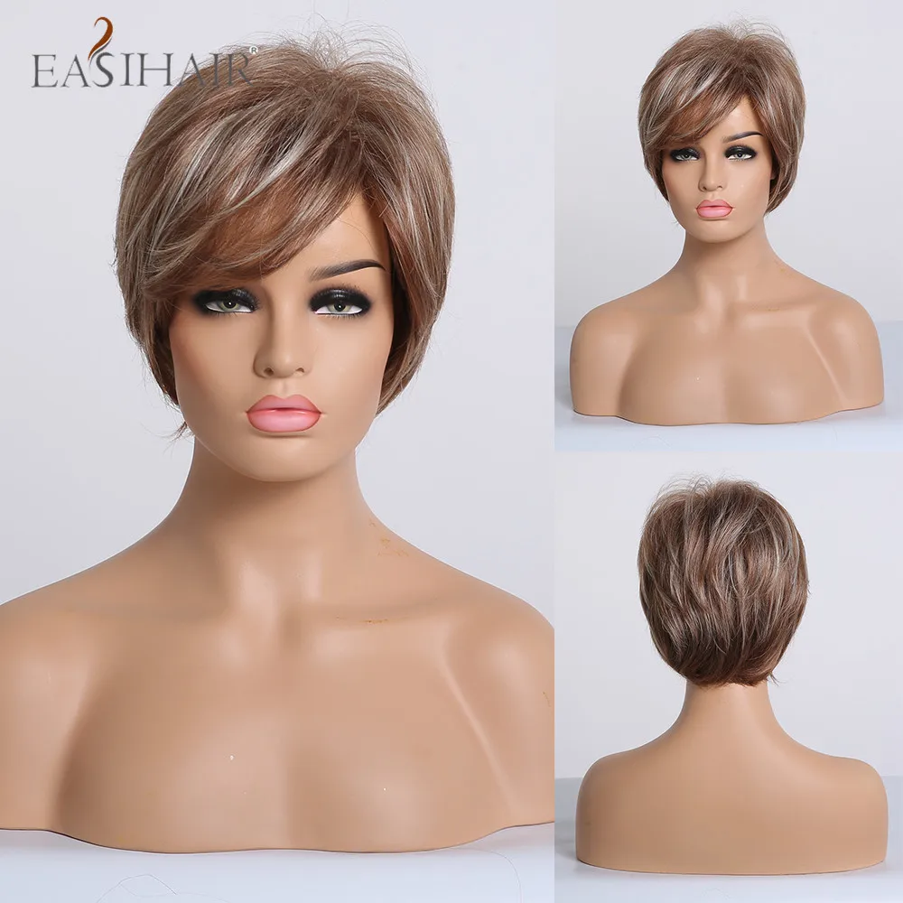 Парики женские короткие из натуральных прямых синтетических волос золотистые