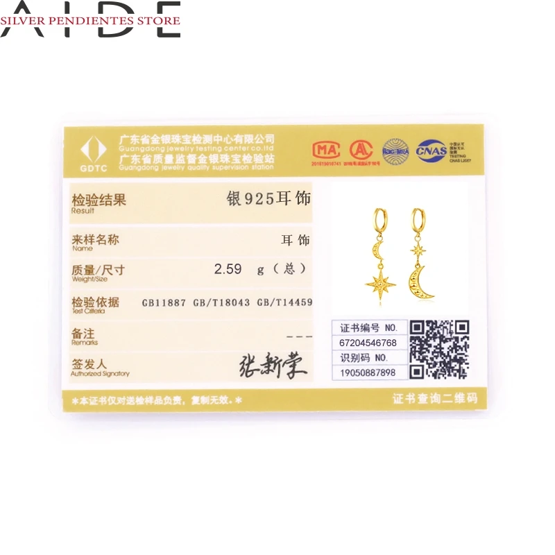 

AIDE 925 Sterling Silver Asymmetrical Star Moon Pendant Earrings Women Fashion Gold Hoops Earrings Jewelry Aretes De Mujer