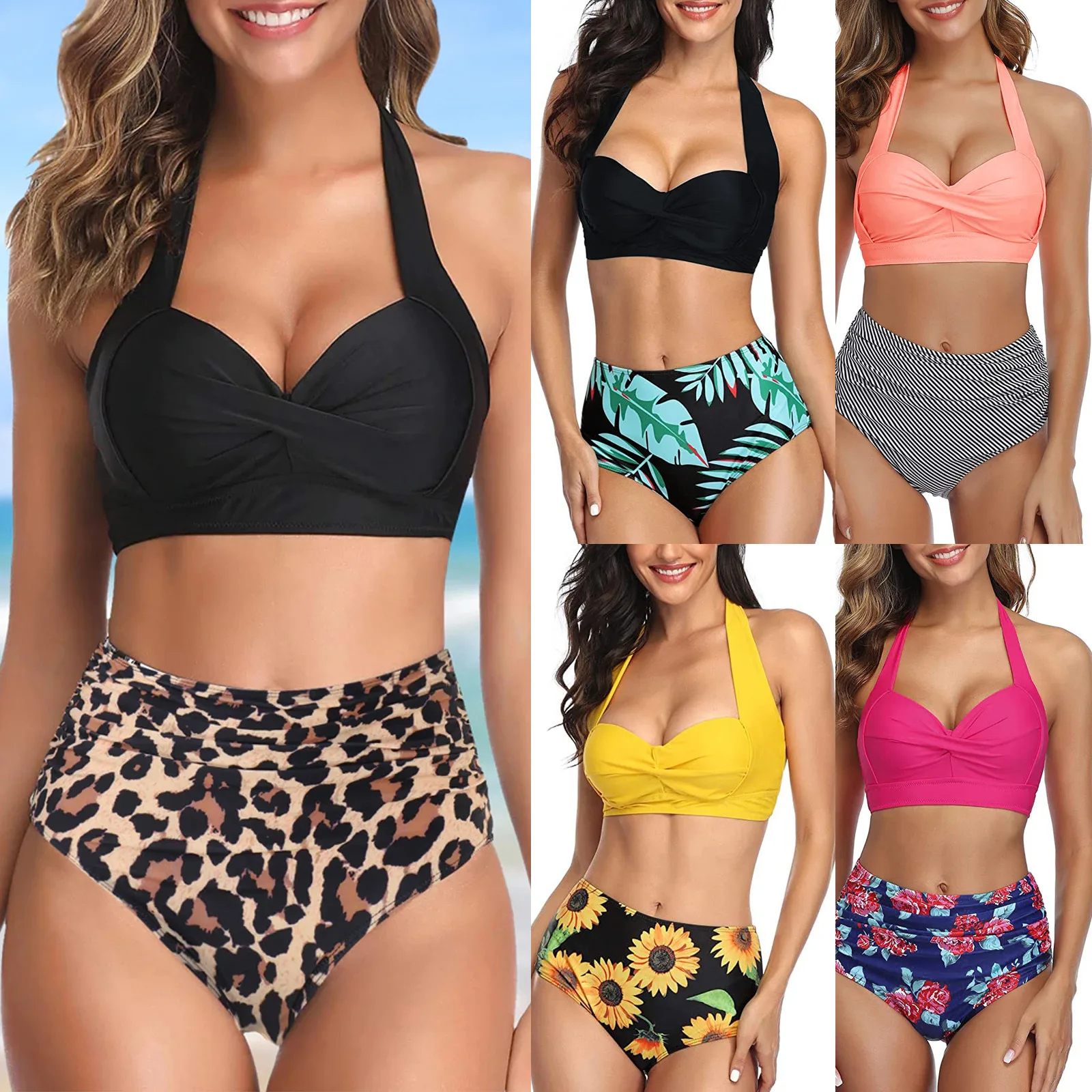 

2021 Swimsuit Women's Swimsuits Bikiniswomen Vintage Swimsuit Two Piece Retro Halter Ruched High Waist Print Bikini Set Viquinis