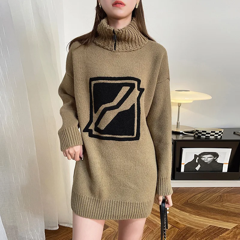 

Женский трикотажный свитер на молнии, шерстяной пуловер средней и длины с высоким воротником, Осень-зима 2022