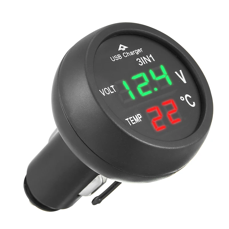 3 in 1 digital led car voltmeter thermometer auto usb charger 12v24v temperature meter voltmeter cigarette lighter accessories free global shipping