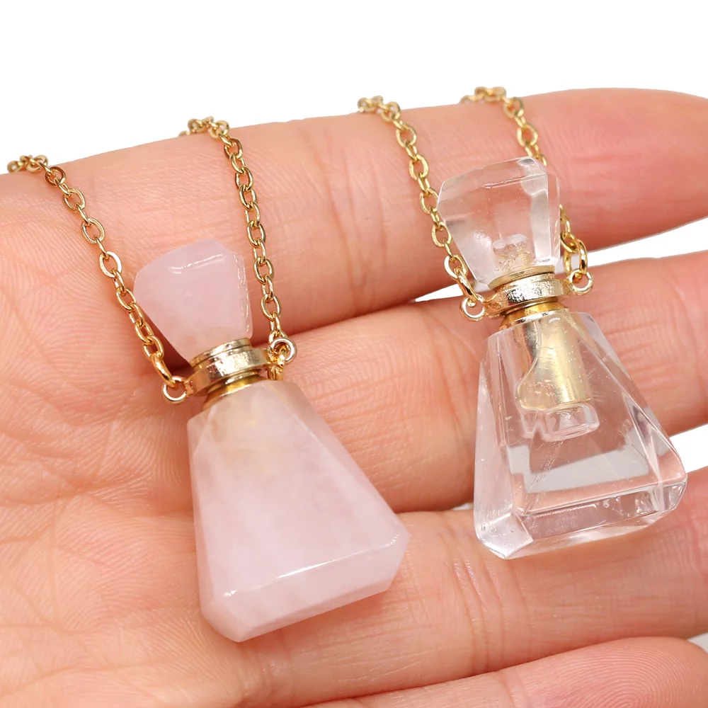 

Natural Stone Crystal Perfume Bottle 60cm Necklace Pendant Rose Quartzs / Clear Quartzs Necklace Charm Jewelry Gift Size 17x34mm