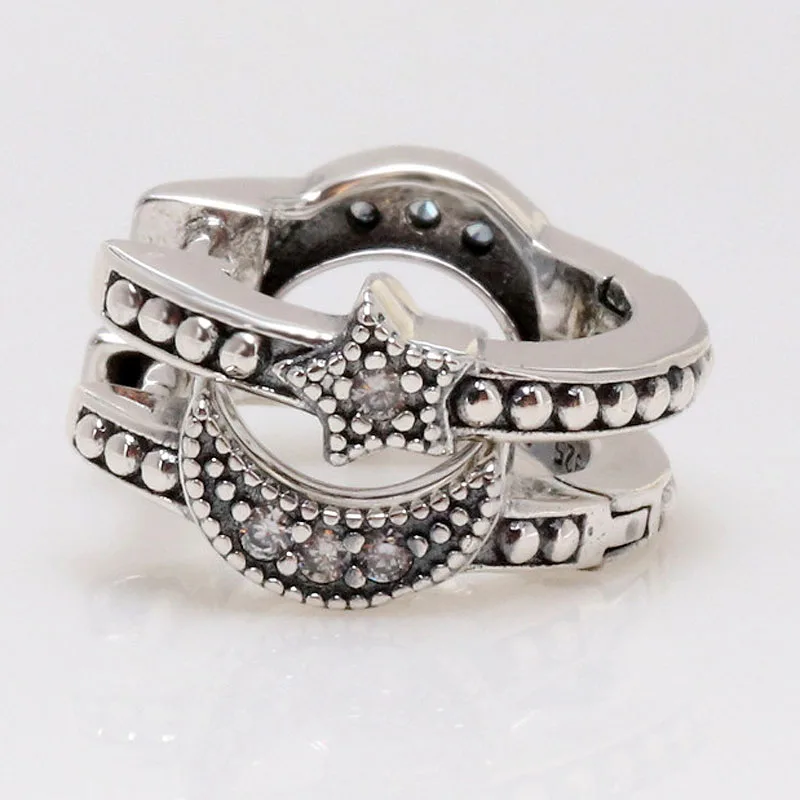 

Original Crescent Moon & Stars Beaded Hoop Earring With Crystal For Women 925 Sterling Silver Earring Gift Fine Europe Jewelry