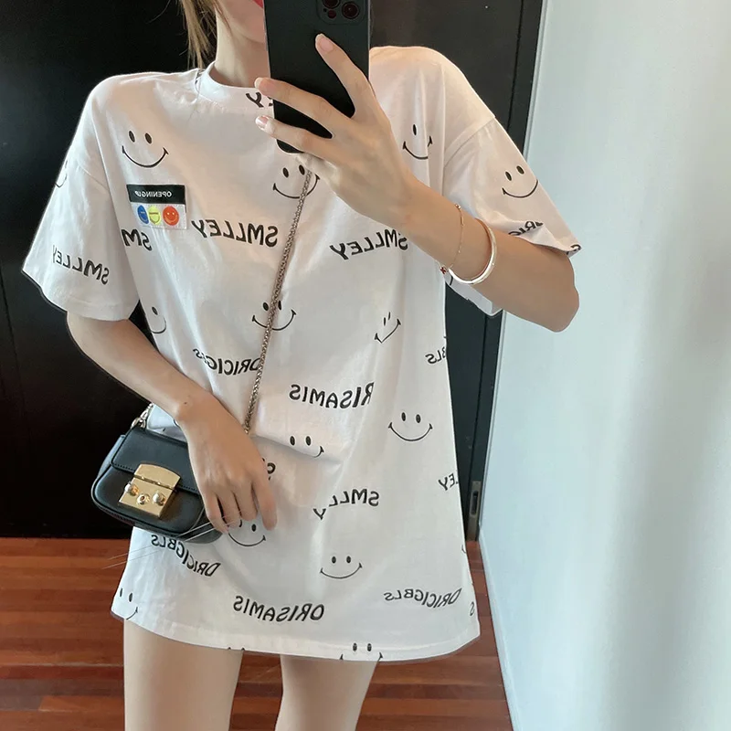 

Женский хлопковый пуловер с коротким рукавом, свободная повседневная футболка с надписью «Smiley», лето 2021