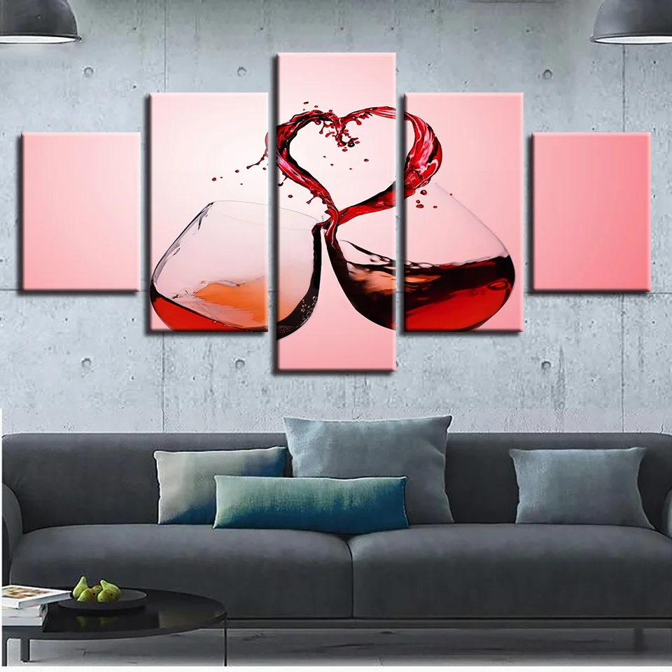 

Painting HD Print Modern 5 Pieces Red Wine Heart Home Modular Decoration Posters Wall Art Canvas Frame Modular Picture For Gift