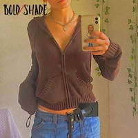 bold shade 90s aesthetic knitted sweater zip up hooded ribbed slim women tricot outerwear solid y2k style indie pockets top 2021