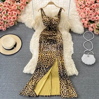 sexy leopard spaghetti strap long dress summer women sleeveless strapless high waist split bodycon vestidos female draped robe