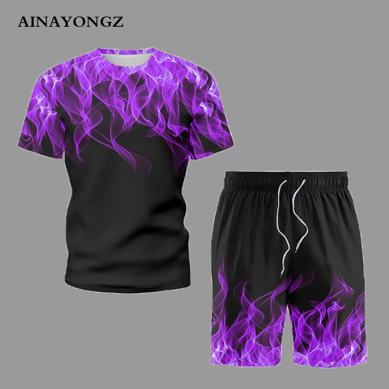 Summer Fashion Men Clothing Cool T-Shirt Male Sets Simplicity Violet Flame Printed Shorts Suit Plus Size Beach Outfit For Man