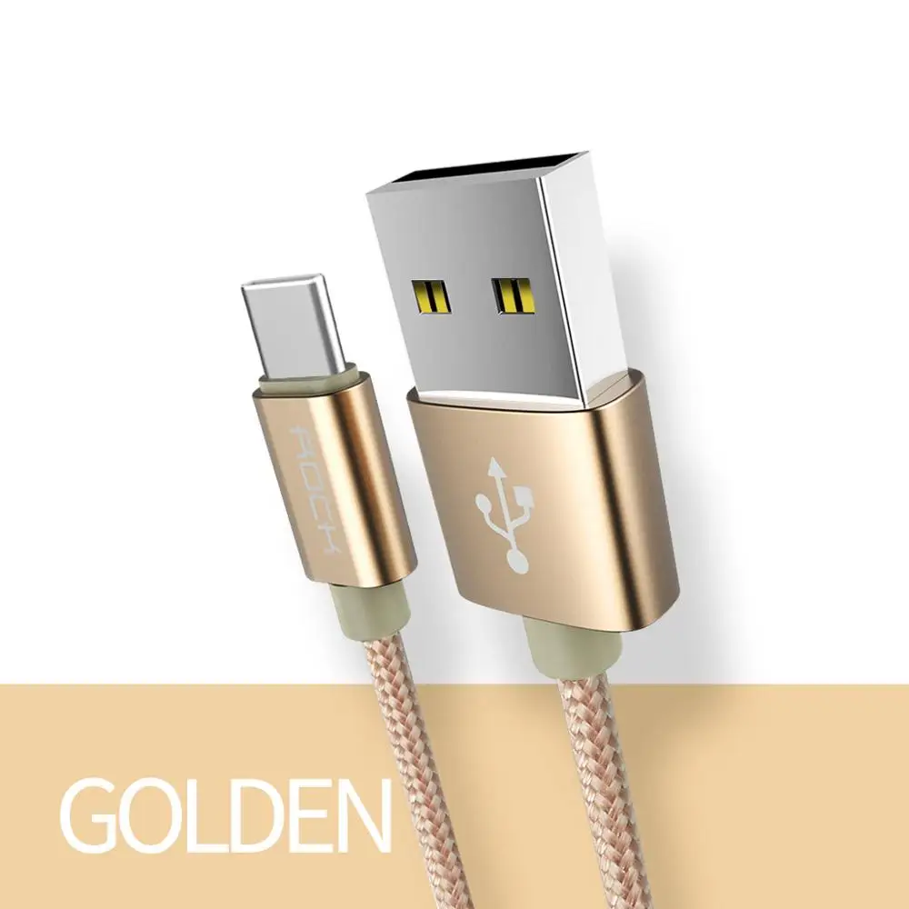 Gold Кабель ROCK 3A 3,0 type-C для Xiaomi samsung Galaxy S8 OnePlus Nexus с нейлоновой оплеткой, зарядка, синхронизация, USB C, быстрая зарядка, USB-C зарядное устройство - Цвет: Gold
