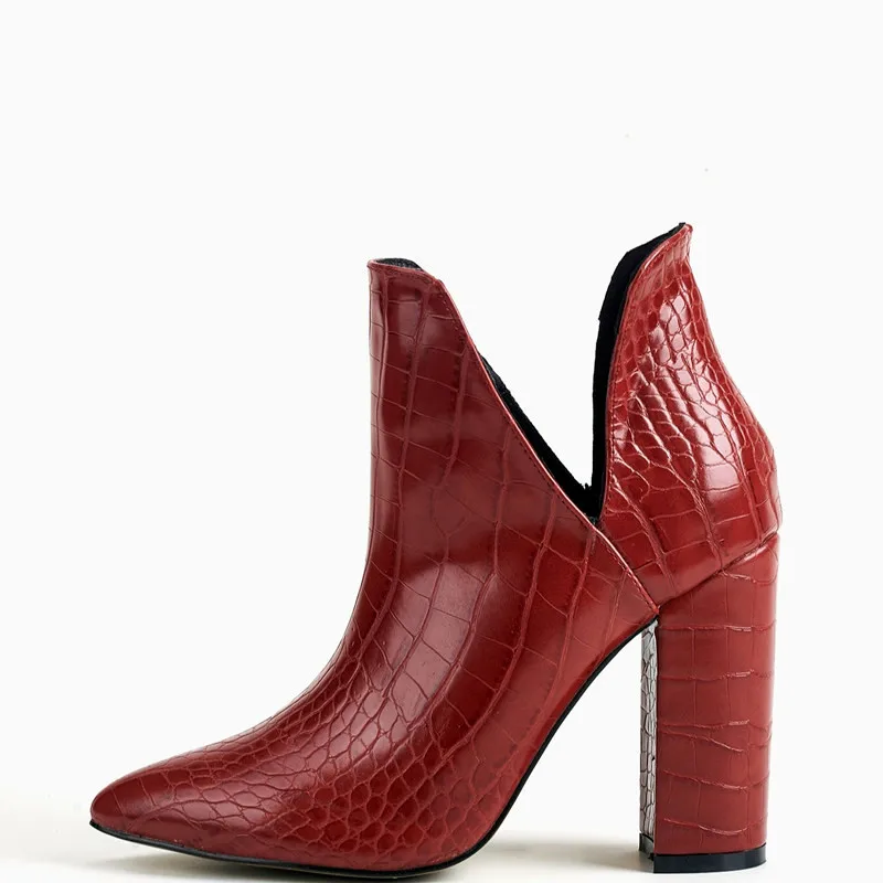 

2020 New European and American New Women's Shoes Stone Grain Pointed Head Thick High Heel Side V-mouth Nude Boots Square heel