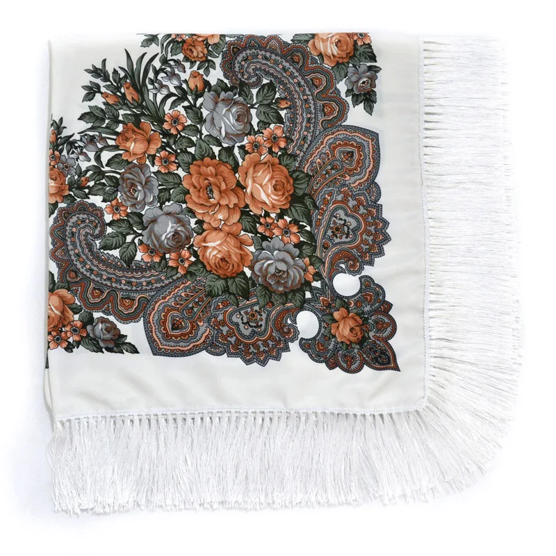 White Grey Floral Бабушка украинские шарфы для России, большой прямоугольный шарф с цветочным рисунком в стиле ретро хлопок волосы голова Обёрточная бумага хиджаб шарф с кисточками зимние хлопковые шаль - Цвет: White Grey Floral