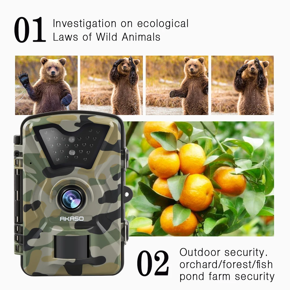AKASO Trail игровая камера 14MP 1080P ночное видение дикая природа Охота Скаутинг Cam IP66 водонепроницаемый 120 ° угол Дикая камера Экшн-камера