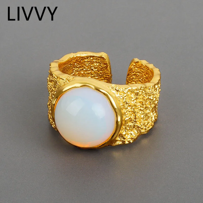 

LIVVY Silver Color Lava Texture White Stone Rings For Women Open Adjustable Vintage Handmade Trendy Party Jewelry Gift