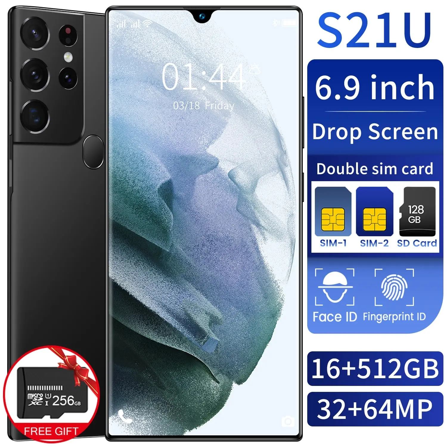 

S21U 6.9 Inch Full Screen 16+512gb 6800mah Unlock Face Deca Core Dual Sim Smart Phone 32mp+64mp Mobile Phones