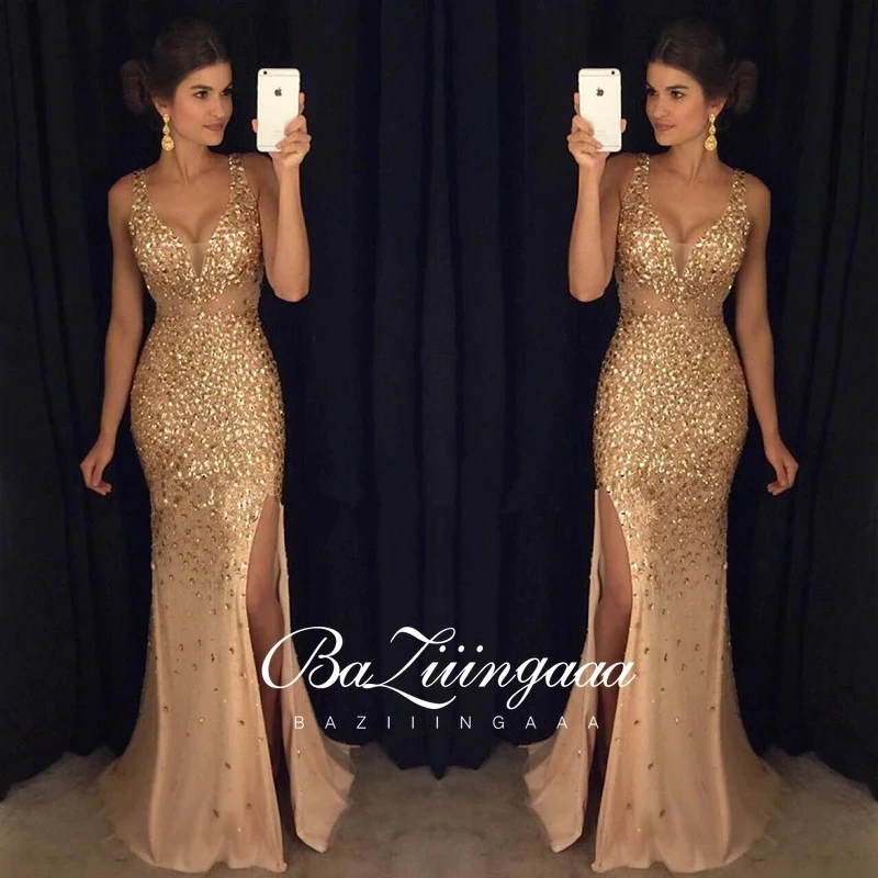 

Vestido De Noche Vintage Sequined Evening Dresses New Sexy V-neck Sleeveless Gold Prom Mermaid Gowns Elegant Abendkleider 2021