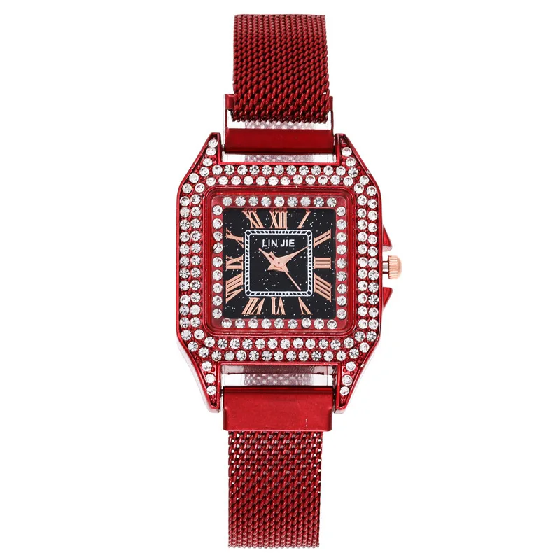 

Relogio Full Diamond Starry Sky Rome Numerals Classic Dial Square Retro Ladies Watch Stainless Steel Mesh Band Magnetic Strap