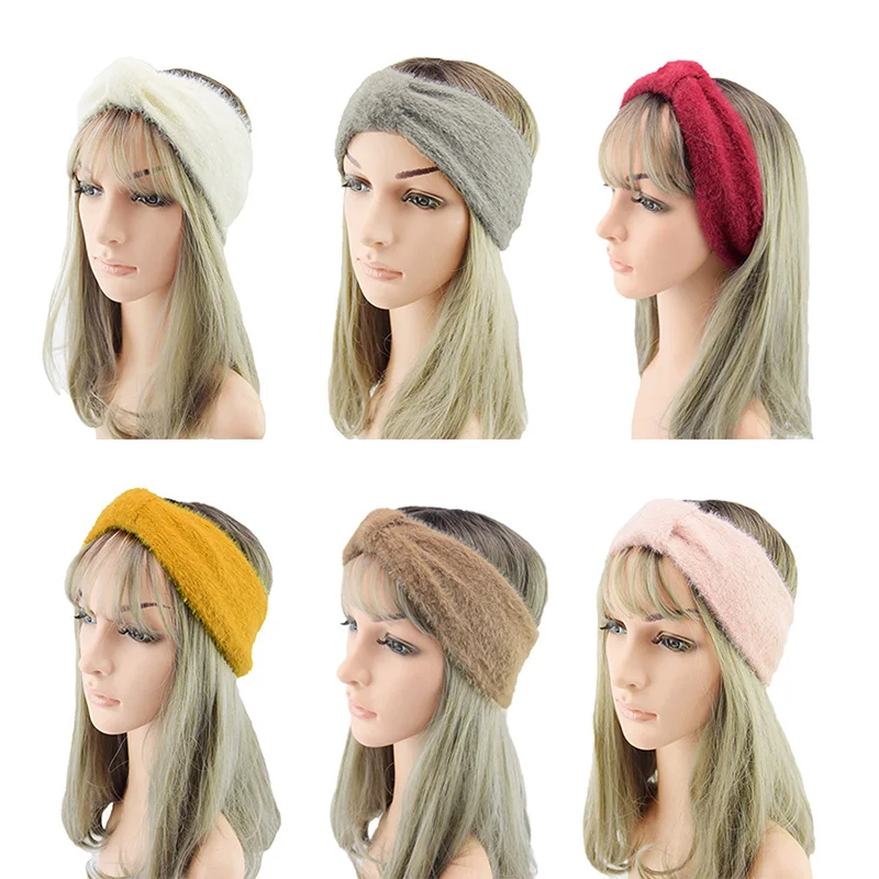 

Winter Plush Cross Mink Fur Headbands Turbans For Women Solid Warm Fluffy Bow Knot Hairbands Ear Warmer Ladies Hair Accessories