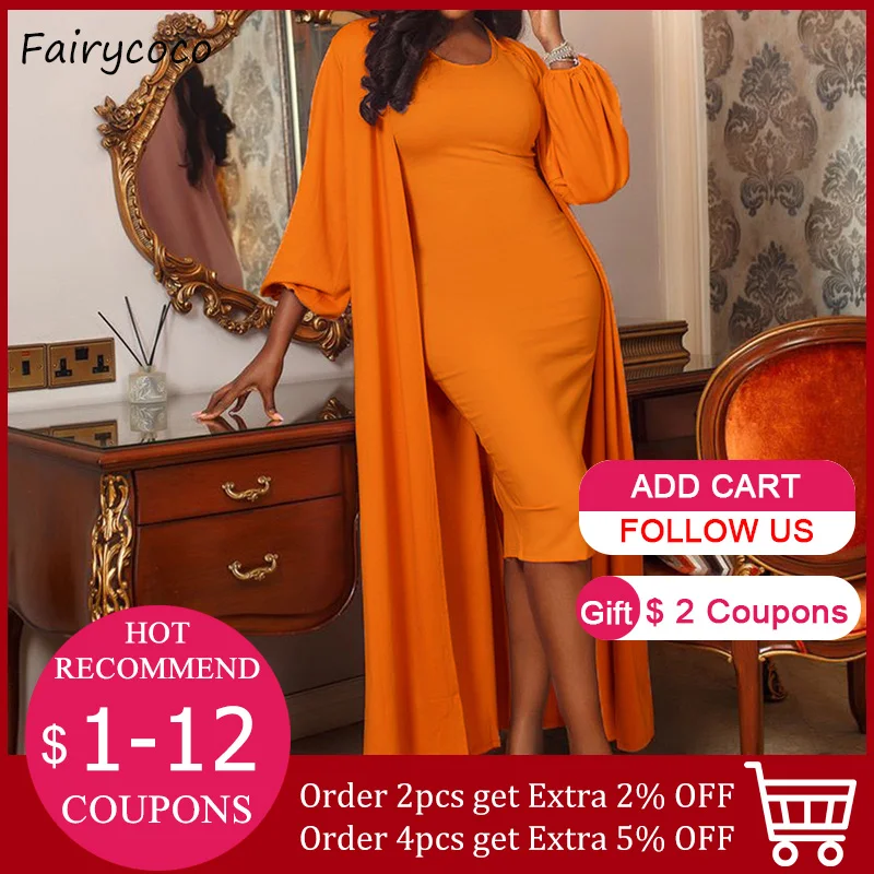 

African Two Piece Sets Dress and Outwear Women Cardigan Coat Solid Color Elegant Lady Casual Fashion 2021 Spring Suits Female