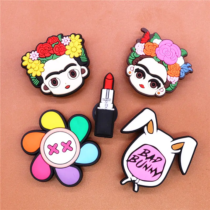 1pcs Bad Bunny Shoe Charms Colorful Windmill Flower Girl Lipstick Slipper Accessories Decoration Fit Croc Jibz Party Kids Gifts