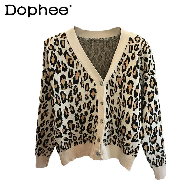 

Leopard-Print Sweater Women's Long-Sleeved Cardigan Spring and Autumn New Korean Style Fashion Loose All-match V-neck Knitwear