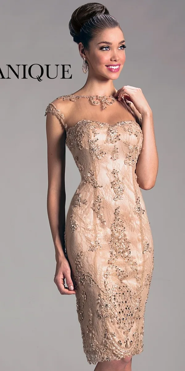 

2020 فستان Elegant Women Sheath vestido de noiva Cap Sleeves Lace Beading Hollow Back Knee Length Party Cocktail Dresses