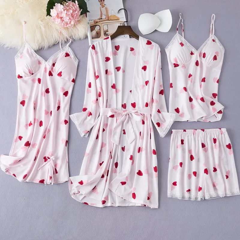 

4PCS Print Pajamas Sets Bride Sleepwear Sleep Suit Spring Lady Silky Satin Kimono Strap Top&Short Pijamas Chest Pads Nightgown