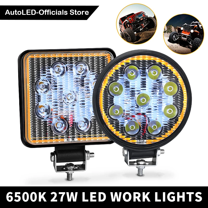 

2X 27W Car Led Work Light Bar 9 LED For Fog Lamp 4x4 Offroad SUV ATV UTV Tractor Car LED Spotlight Square Round 12V 24V