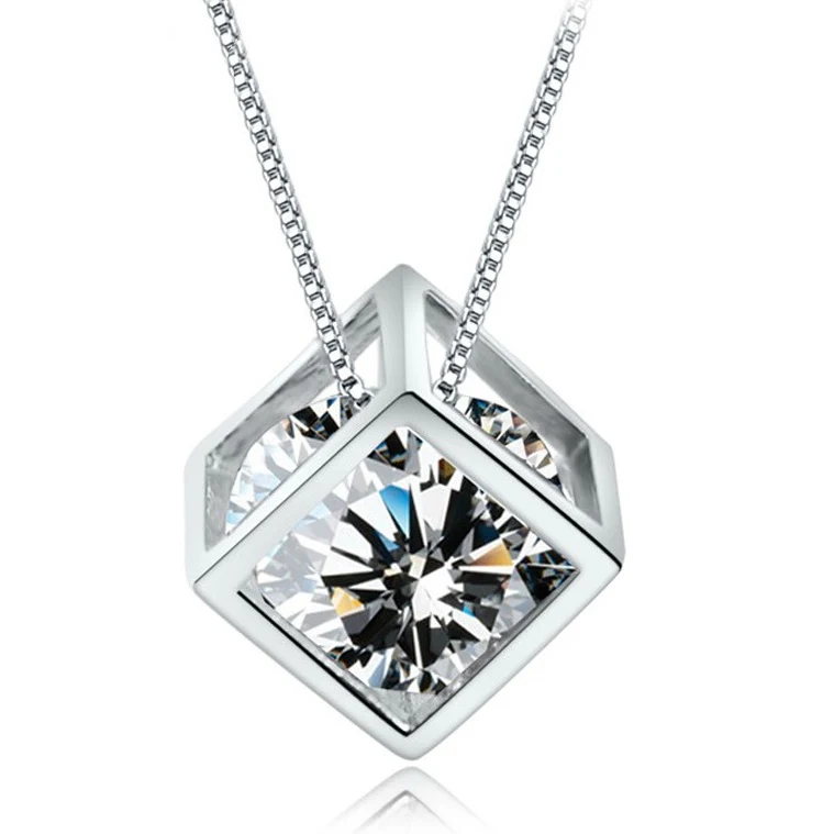 ModaOne 925 Sterling Silver Cube Zircon Pendant Neckace For Women Gift 45cm Box Chain choker collares kolye | Украшения и