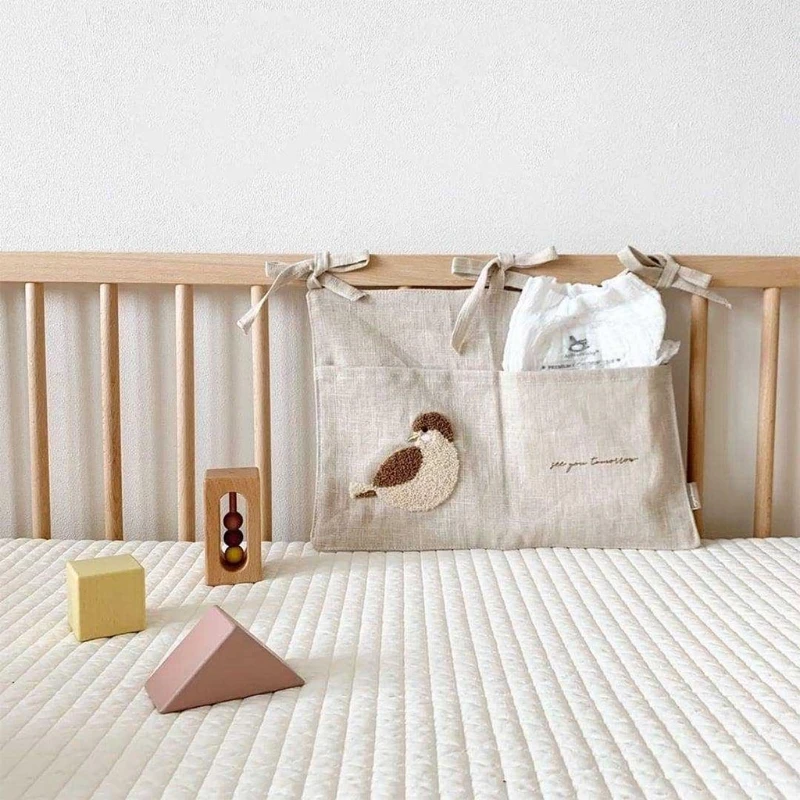 Cotton Linen Baby Bed Hanging Storage Bag Newborn Crib Bedside Toys Organizer Nursery Diaper Bag Nappy Pouch for Baby Bedding images - 6