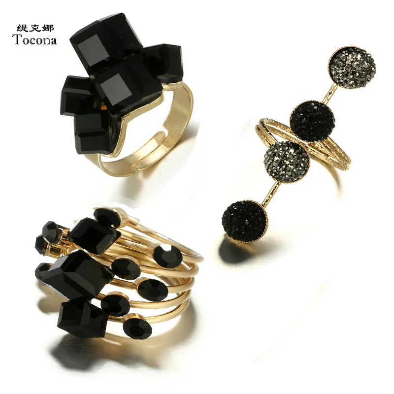 

Tocona Punk Antique Black Crystal Stone Opening Gold Rings Set for Women Men Adjustable Gothic Statement Party Jewelry кольца