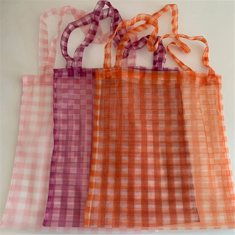 

Mesh Plaid Tote Shooper Bags Resuable Foldable Clear Transparent Large Pouch Shoulder Bags Women Girls Student Casual Handbags