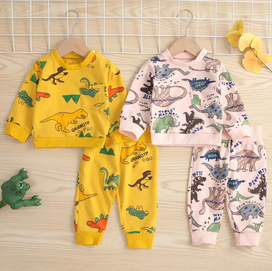 

2Pcs Baby Girls Boys Clothes Sets Bebes Newborn Cartoon Dinosaur Printed Long Sleeve Pullover Tops + Casual Pants Outfits Suit