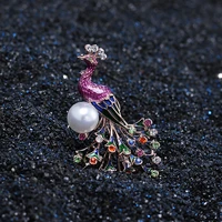 new purple pearl peacock brooch for women suit rhinestone jewelry animal enamel pin color drop oil crystal brooch pin accessory