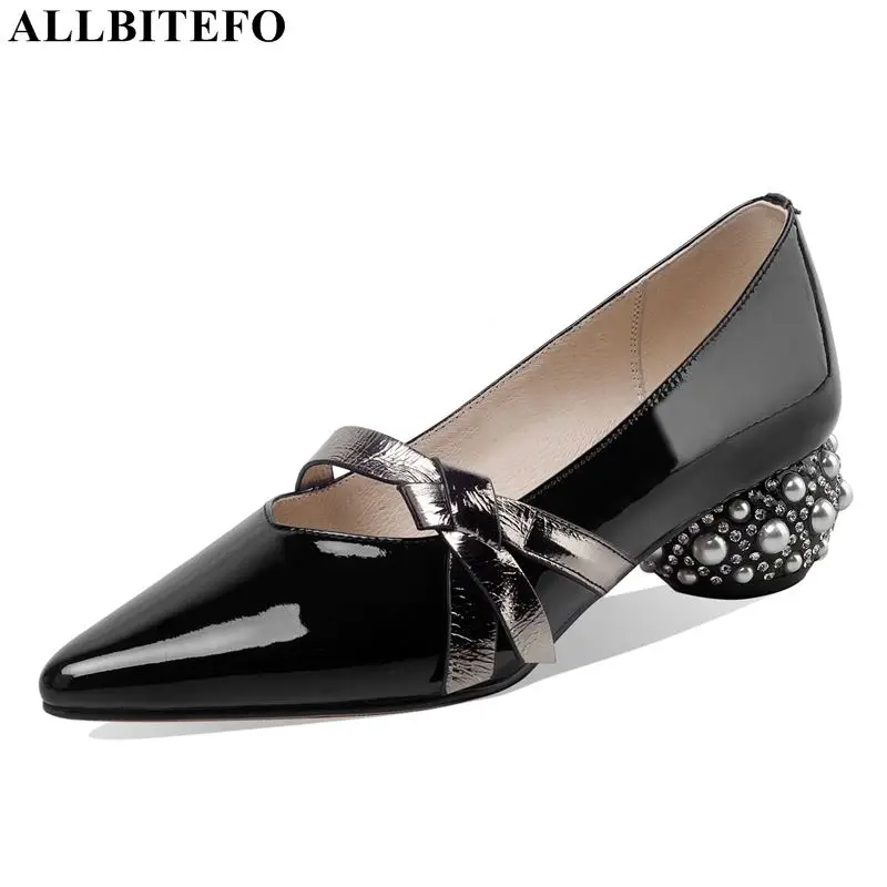 

ALLBITEFO/Стразы каблук натуральная кожа, толстый каблук, свадебные женские туфли-лодочки Брендовая обувь на высоком каблуке; Женские офисные т...