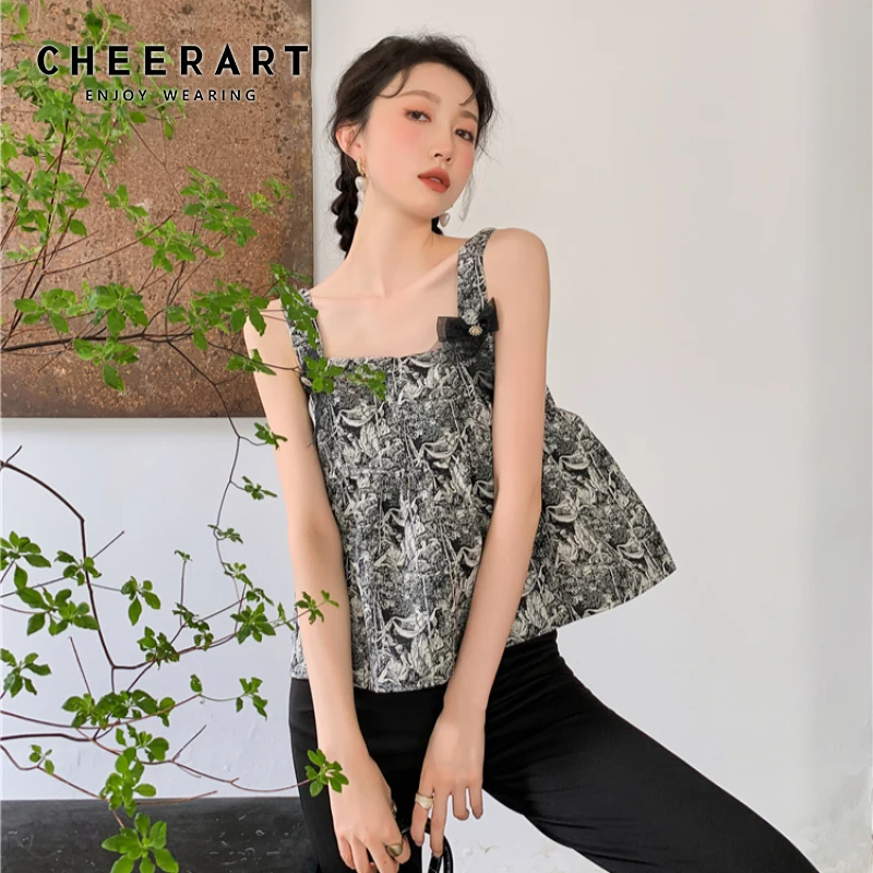 

CHEERART Backless Goth Tank Top Women 2021 Square Neck Bow Summer Top Floral Print Tanks Camis Fashion Designer Tanktop