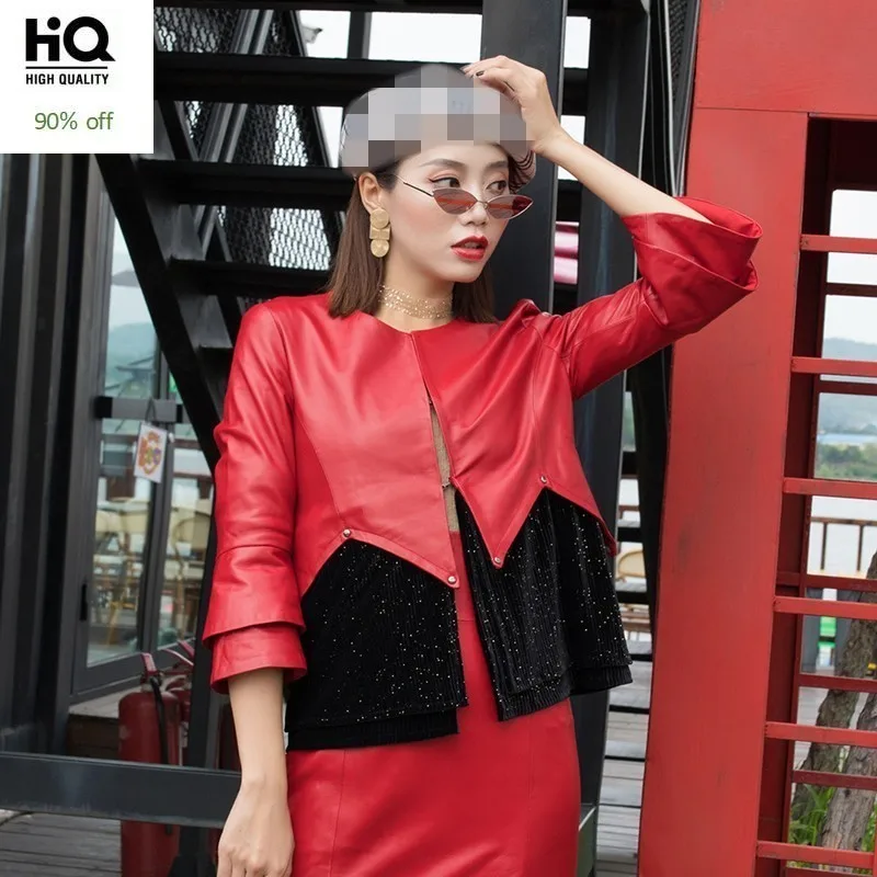 Шикарное лоскутное женские Куртки из натуральной кожи с круглым вырезом и