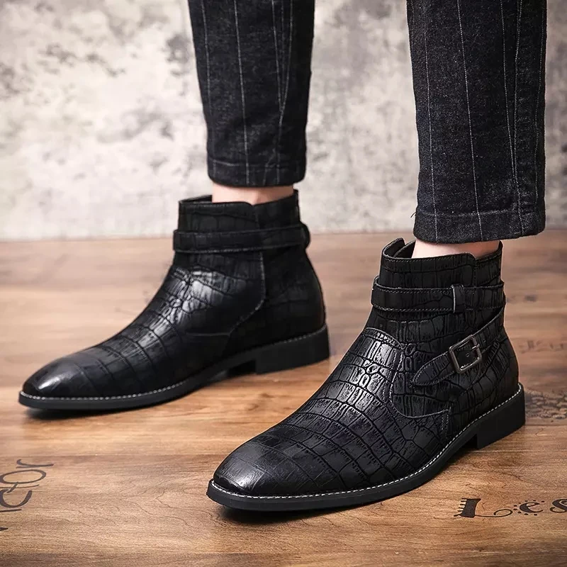

Winter Man Boots Casual Size 38-46 Ankle Male Shoes Non-Slip Black Man's Shoes Solid Metal Buckle Casual Business Boots