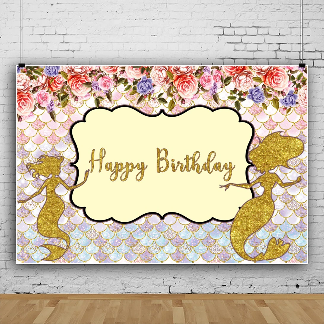

Laeacco Mermaid Gold Glitters Child Birthday Fish Scales Backdrops Flower Poster Baby Portrait Customized Photography Background