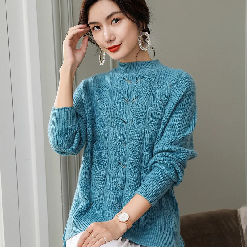 Женский свободный кашемировый свитер с полувысоким воротником вечерние