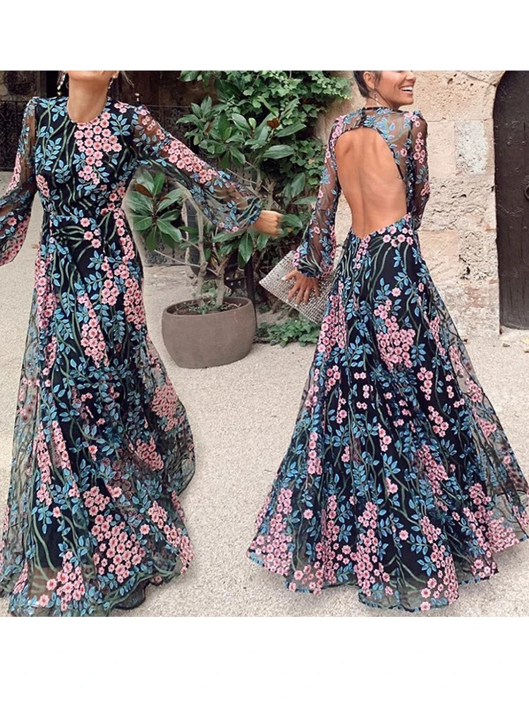 Vacation Dresses Women A-Line Floral Print Backless Maxi Beach Dress Ladies Elegant Party Night Slim Dress Summer Beachwear