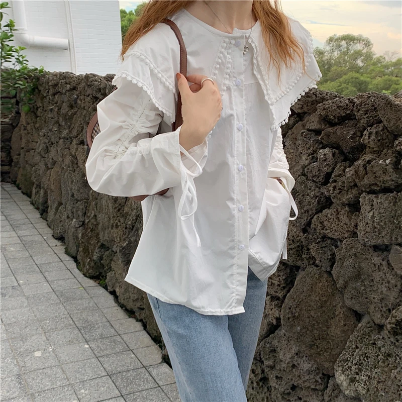 

2021 New Shirt For Women Tops Double Layer Lacing Cardigan Elegant Vintage Sweet Female Office Lady Casual Girl Blouses
