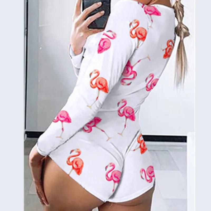 

2020 Sexy Women Deep V-neck Bodycon Sleepwear Jumpsuit Button Bodysuit Shorts Romper Bodysuit Leotard Long Sleeve Print Bodysuit