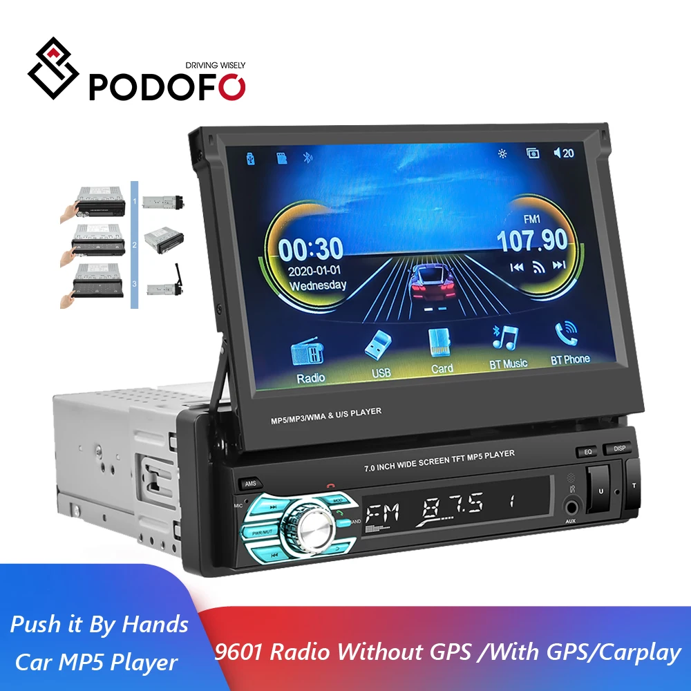 Bluetooth Car Stereo Receiver 7" Hd Retractable Screen Carpl