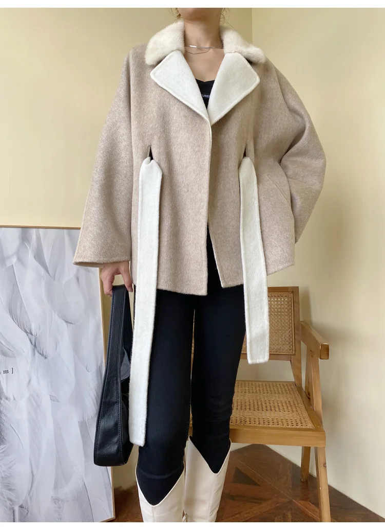 

New Arrival 2021 Women's Natural Fur Wool Cashmere Coat Winter Real Mink Fur Collar Jacket With Belt