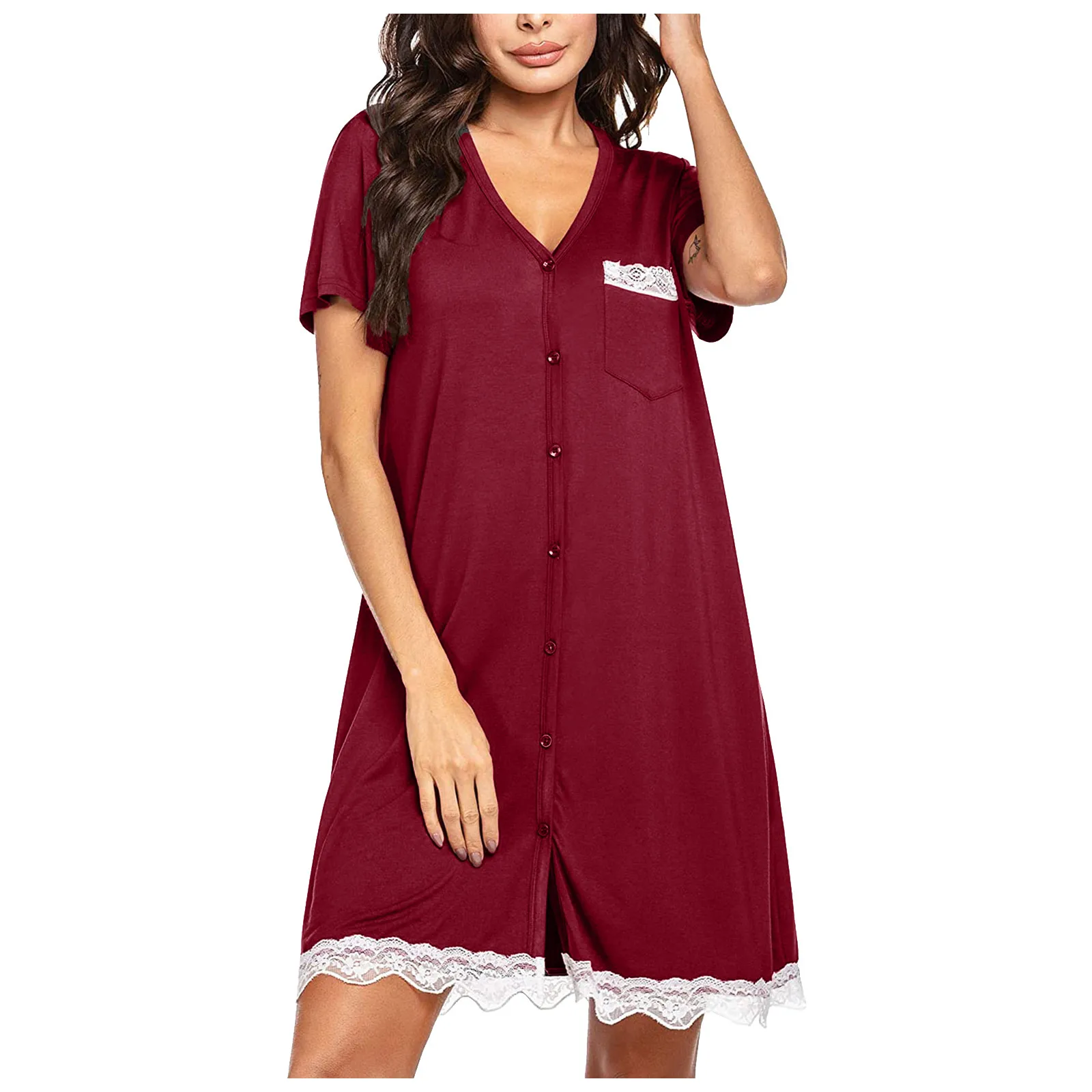 Женская ночная рубашка Повседневная Свободная кружевная Лоскутная Однотонная