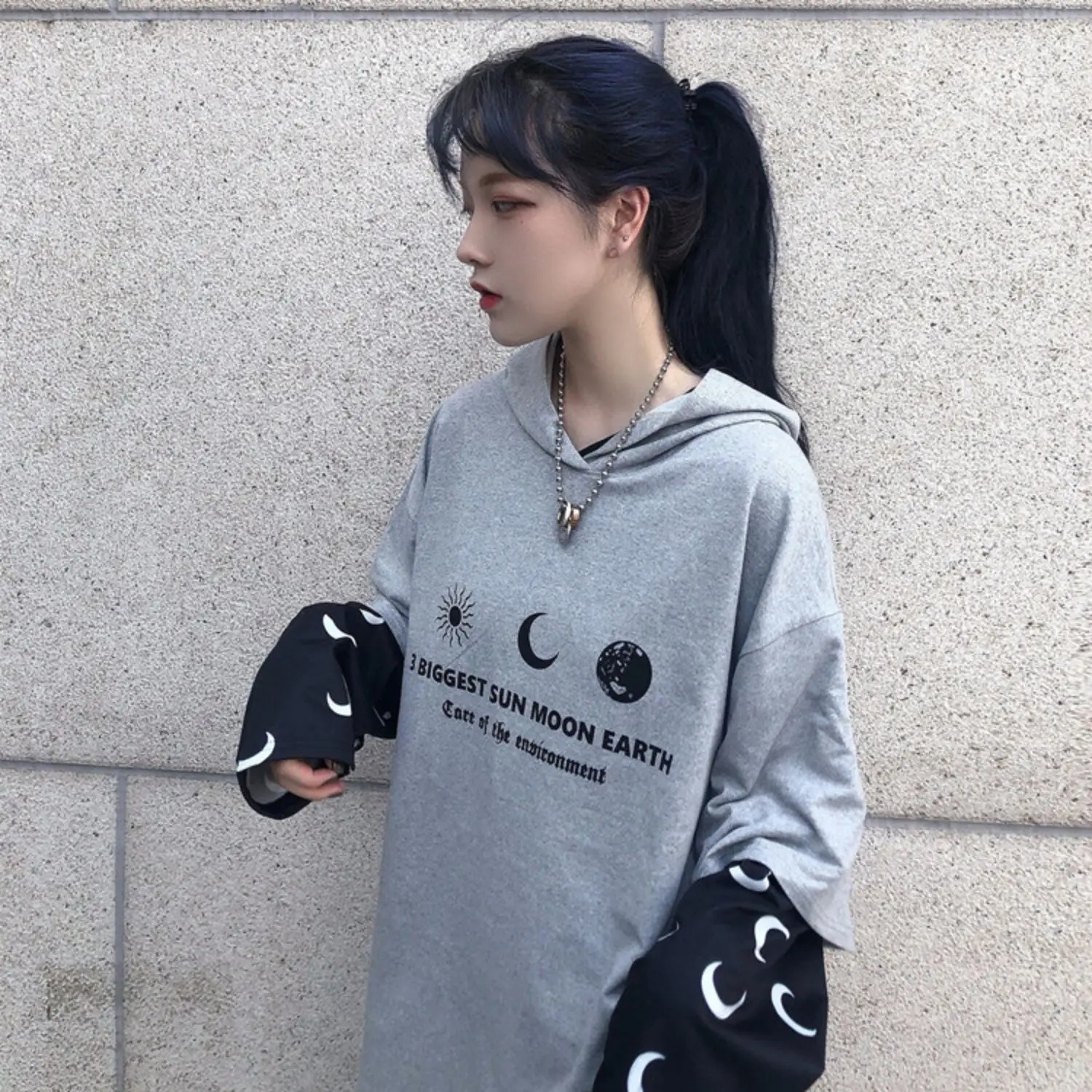 Harajuku уличная Винтажная Футболка для женщин, одежда, осень, корейский Ulzzang, с принтом, с капюшоном, Футболки женские, полный поддельные два топа