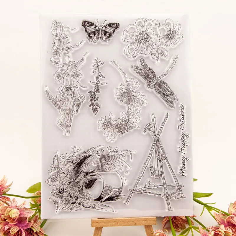 Прозрачные штампы с цветами птицами бабочками стрекозой|Штампики| |