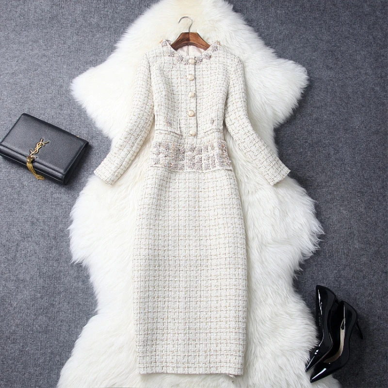 

High Quality Fashion Autumn Long Sleeve Luxury Diamonds Midi Tweed Woolen Dress Runway Dress Women Vestido Brand Designer 2020