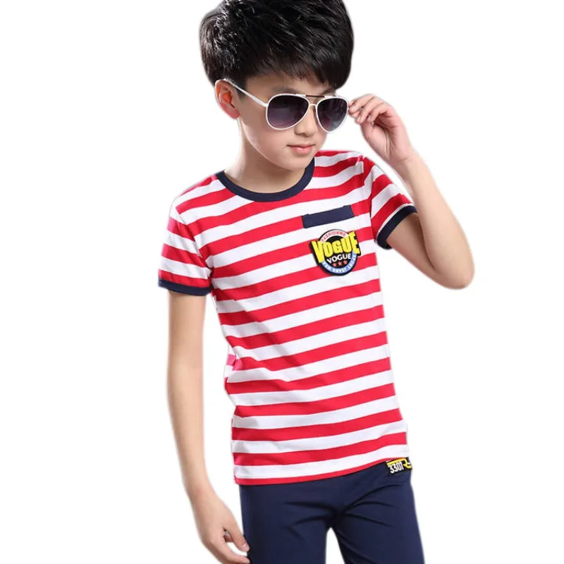 Летние Детские хлопковые комплекты из 2 предметов в полоску с короткими рукавами