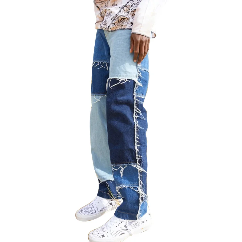 

Men Wash Splice Casual Straight Tassel Patchwork Jeans Trousers Male Fashion Streetwear Loose Hip Hop Denim Full Length Pants